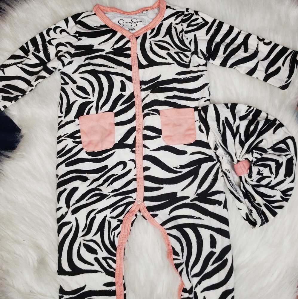 Zebra Print Baby Onesie and Turban Set